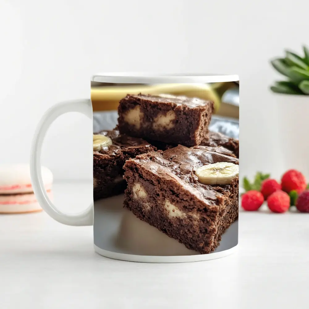 Chocolate Banana Brownies on White Plate – Mugs