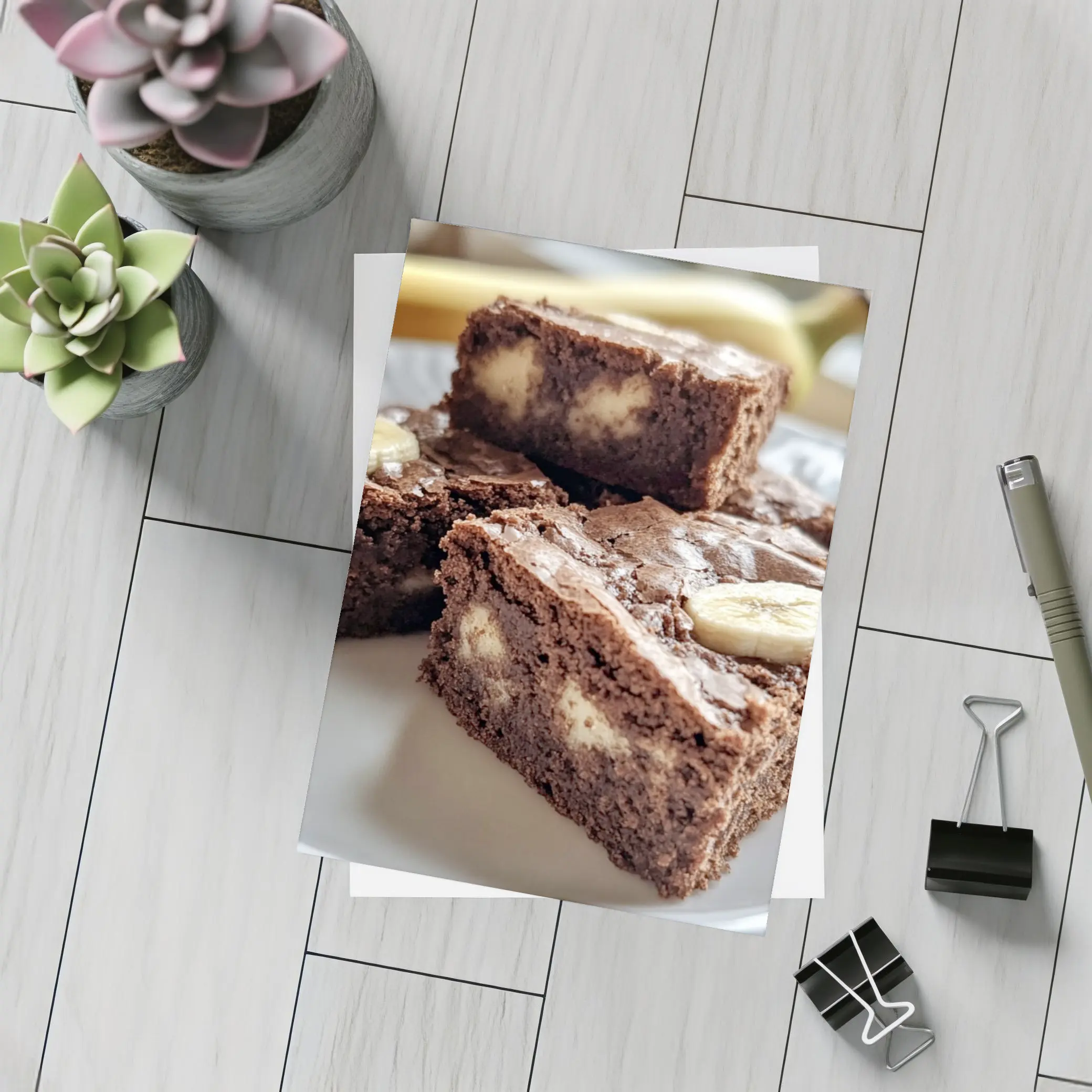 Chocolate Banana Brownies on White Plate – Postcards