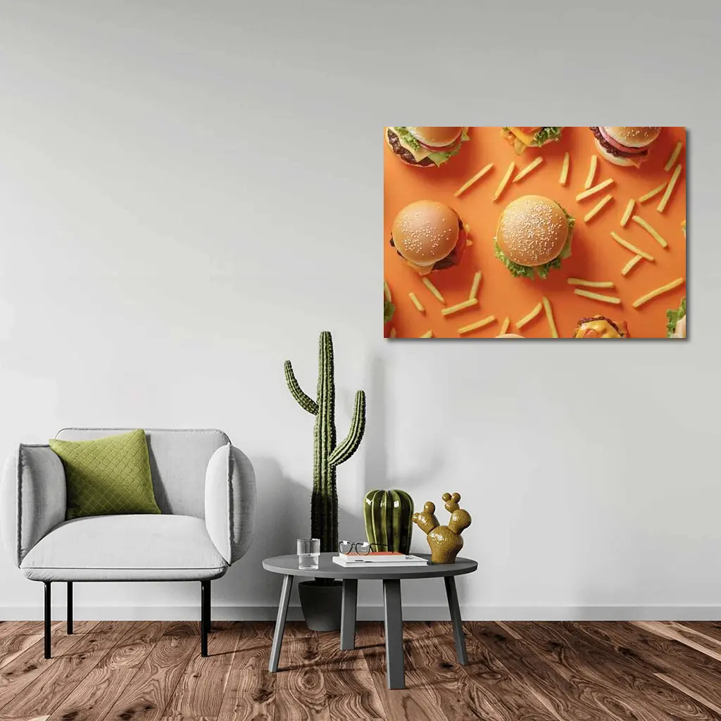Burgers And Fries On Orange Background – Wall Art