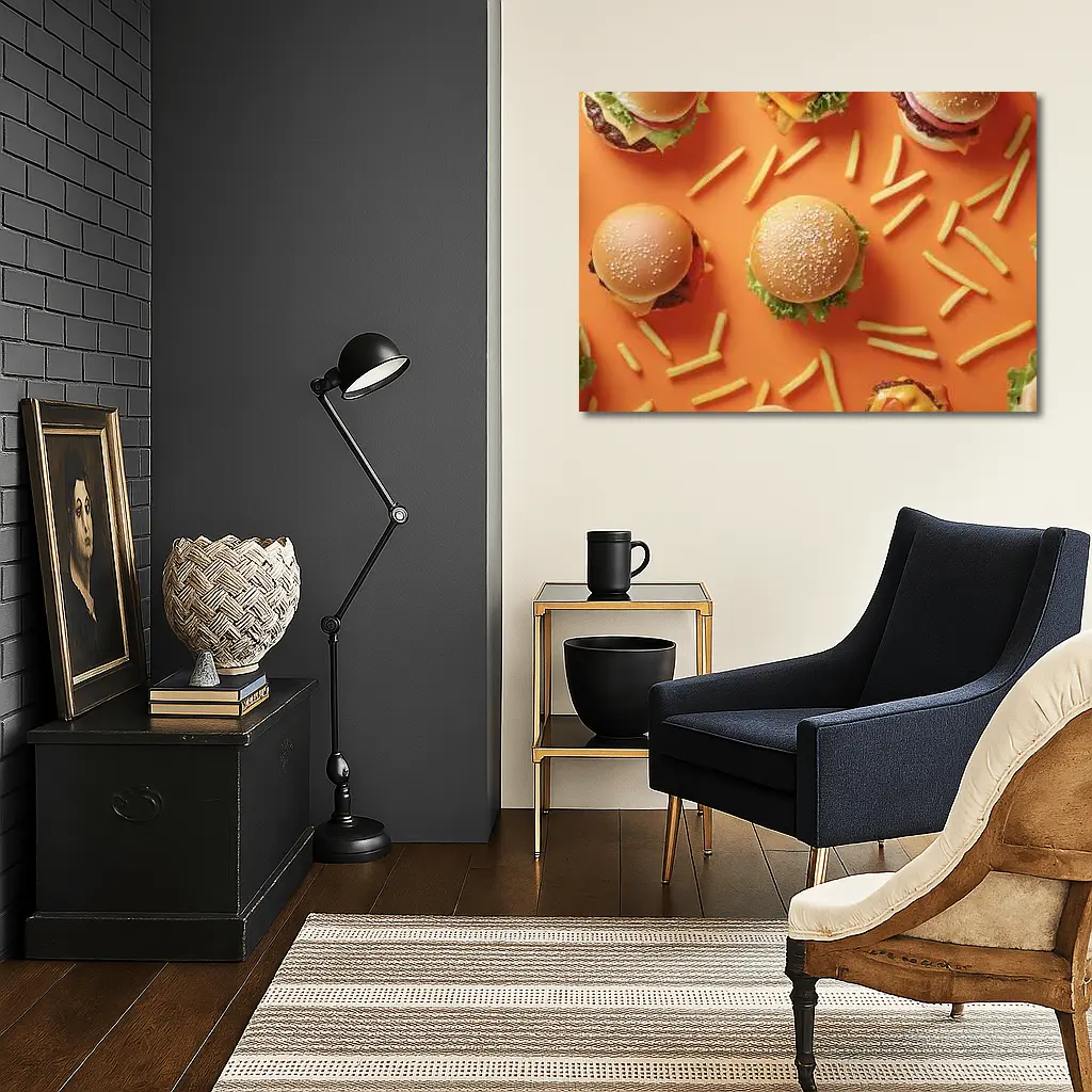 Burgers And Fries On Orange Background – Wall Art