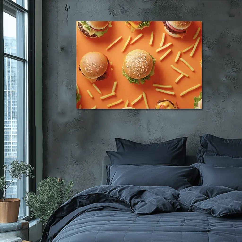 Burgers And Fries On Orange Background – Wall Art