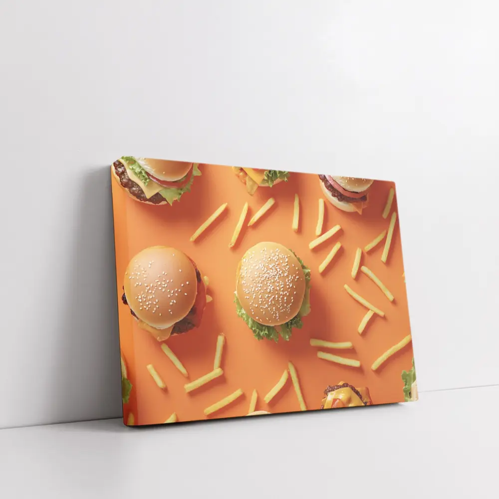 Burgers And Fries On Orange Background – Wall Art