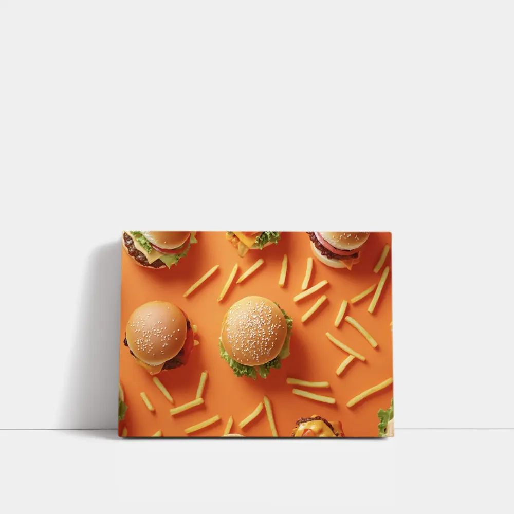 Burgers And Fries On Orange Background – Wall Art