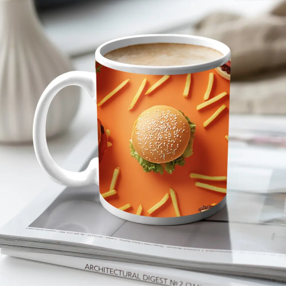 Burgers And Fries On Orange Background – Mugs