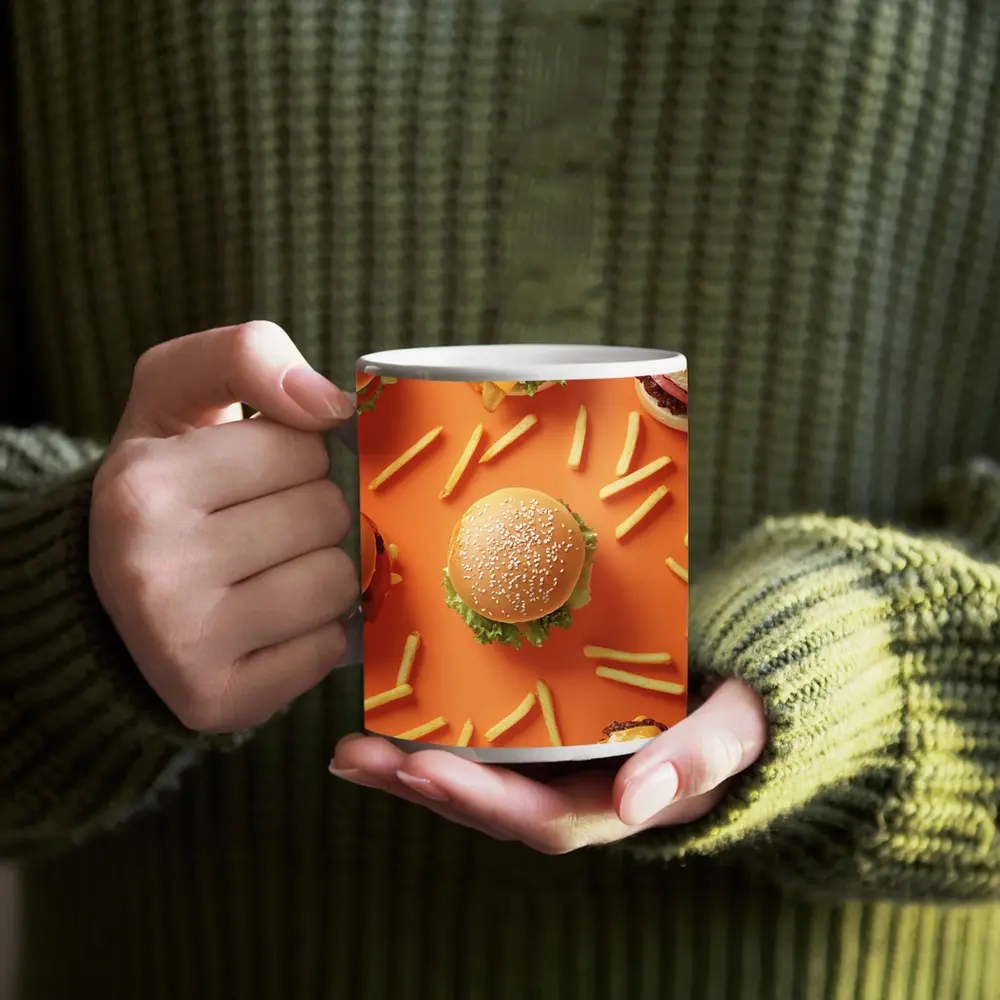 Burgers And Fries On Orange Background – Mugs