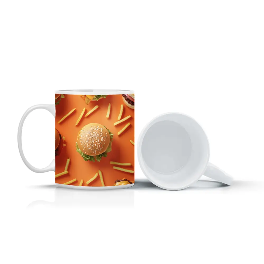 Burgers And Fries On Orange Background – Mugs