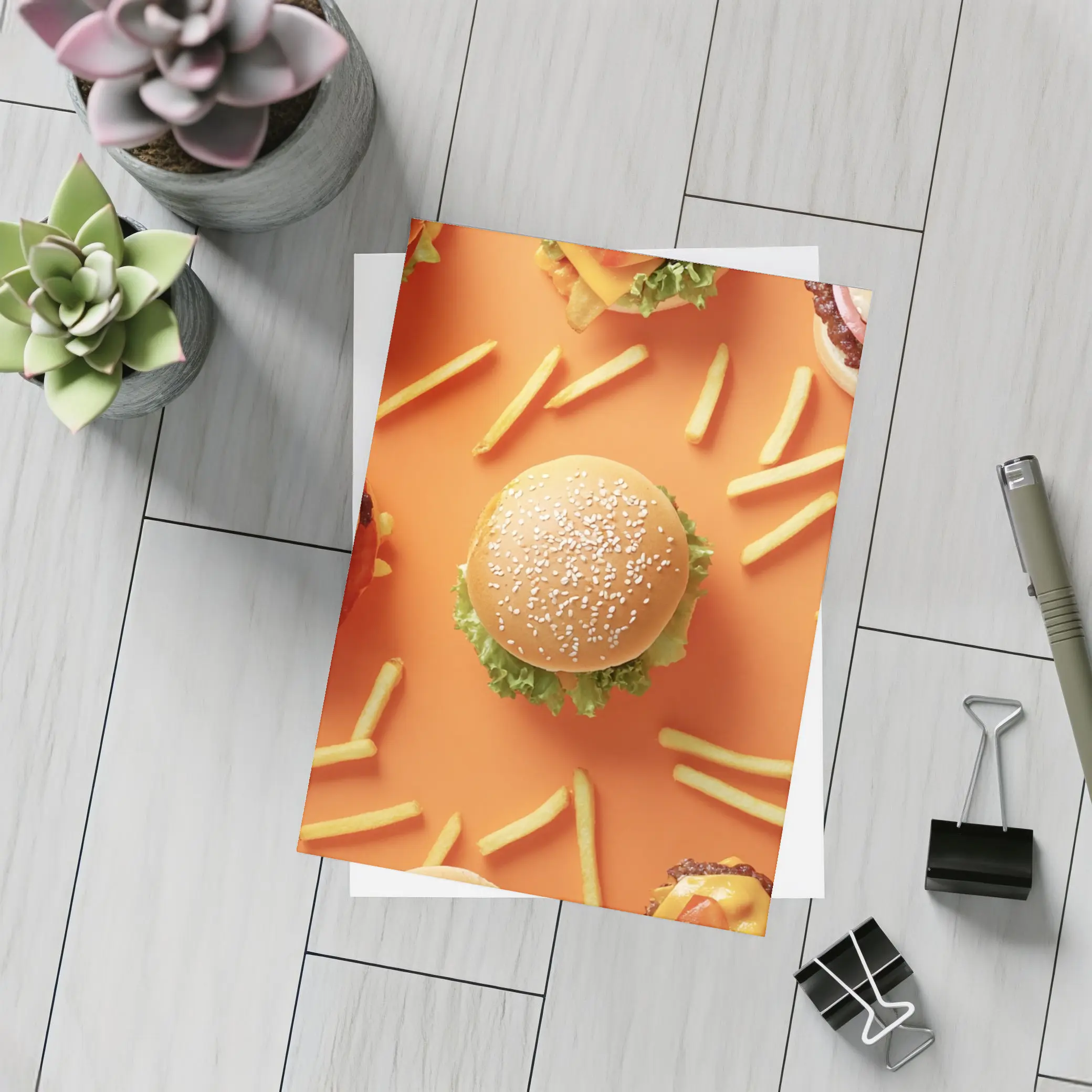 Burgers And Fries On Orange Background – Postcards
