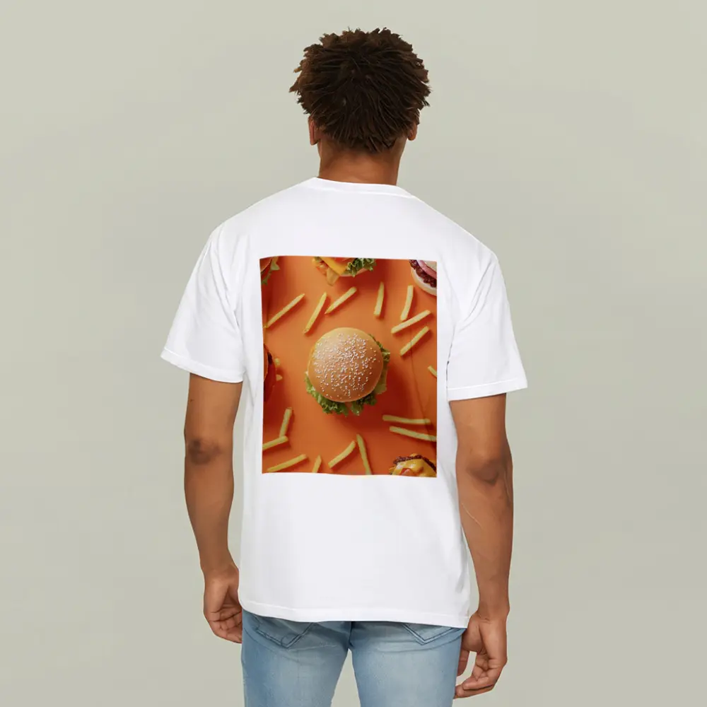 Burgers And Fries On Orange Background – T-Shirts