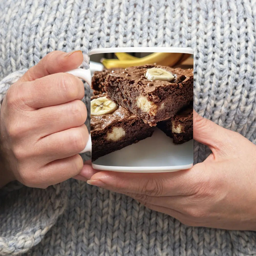 Chocolate Banana Brownies on White Plate – Mugs