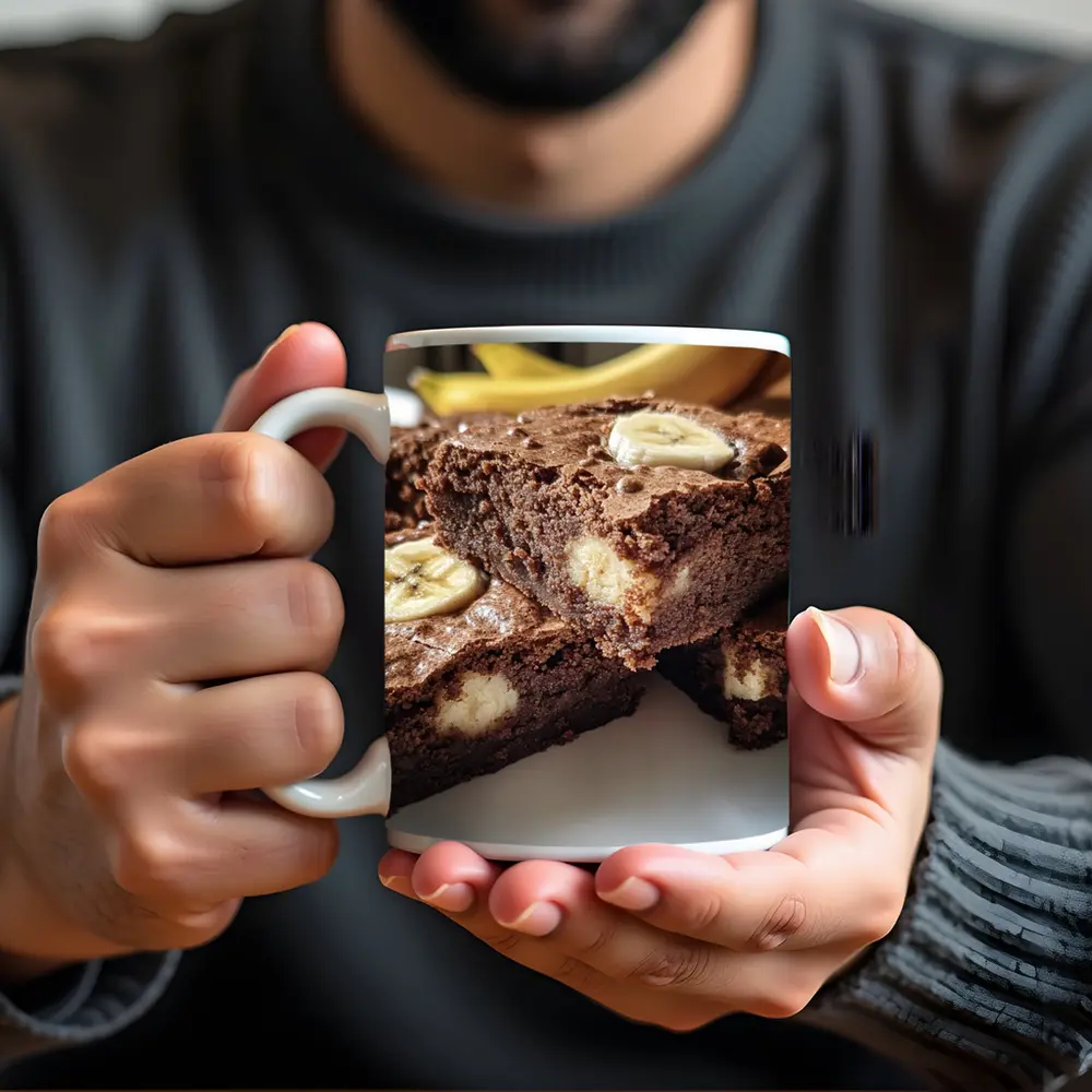 Chocolate Banana Brownies on White Plate – Mugs