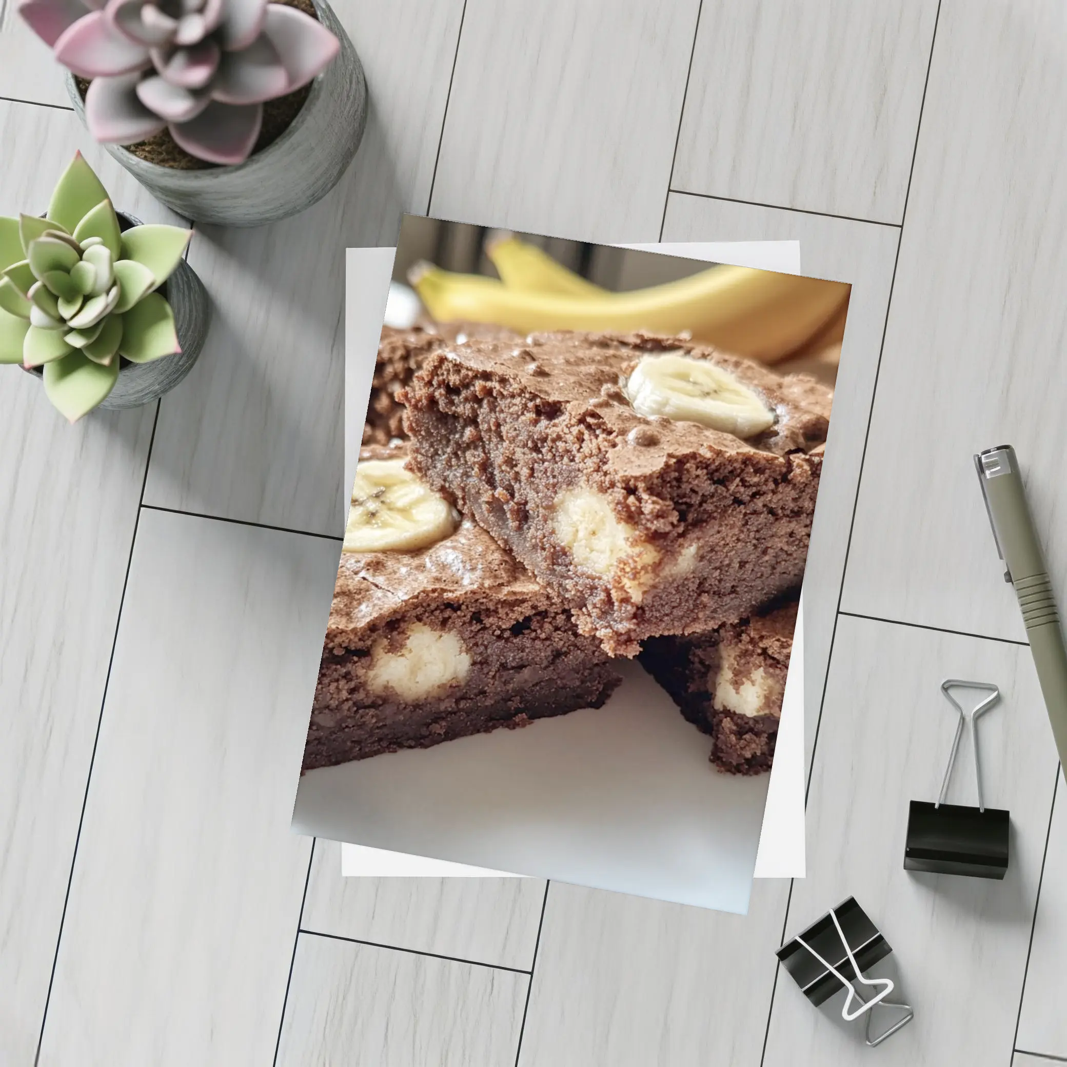 Chocolate Banana Brownies on White Plate – Postcards
