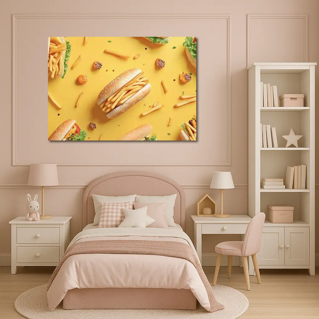 French Fries Burger Flat Lay Yellow Background – Wall Art