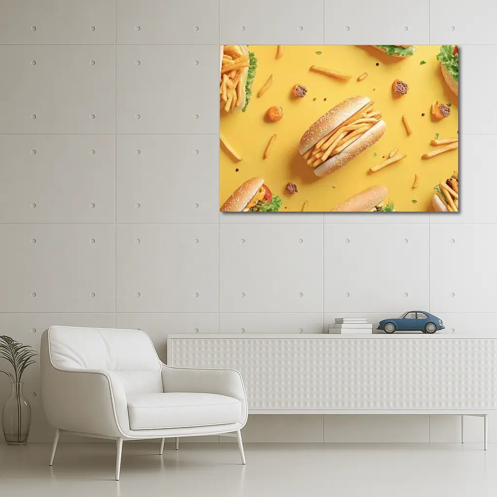French Fries Burger Flat Lay Yellow Background – Wall Art