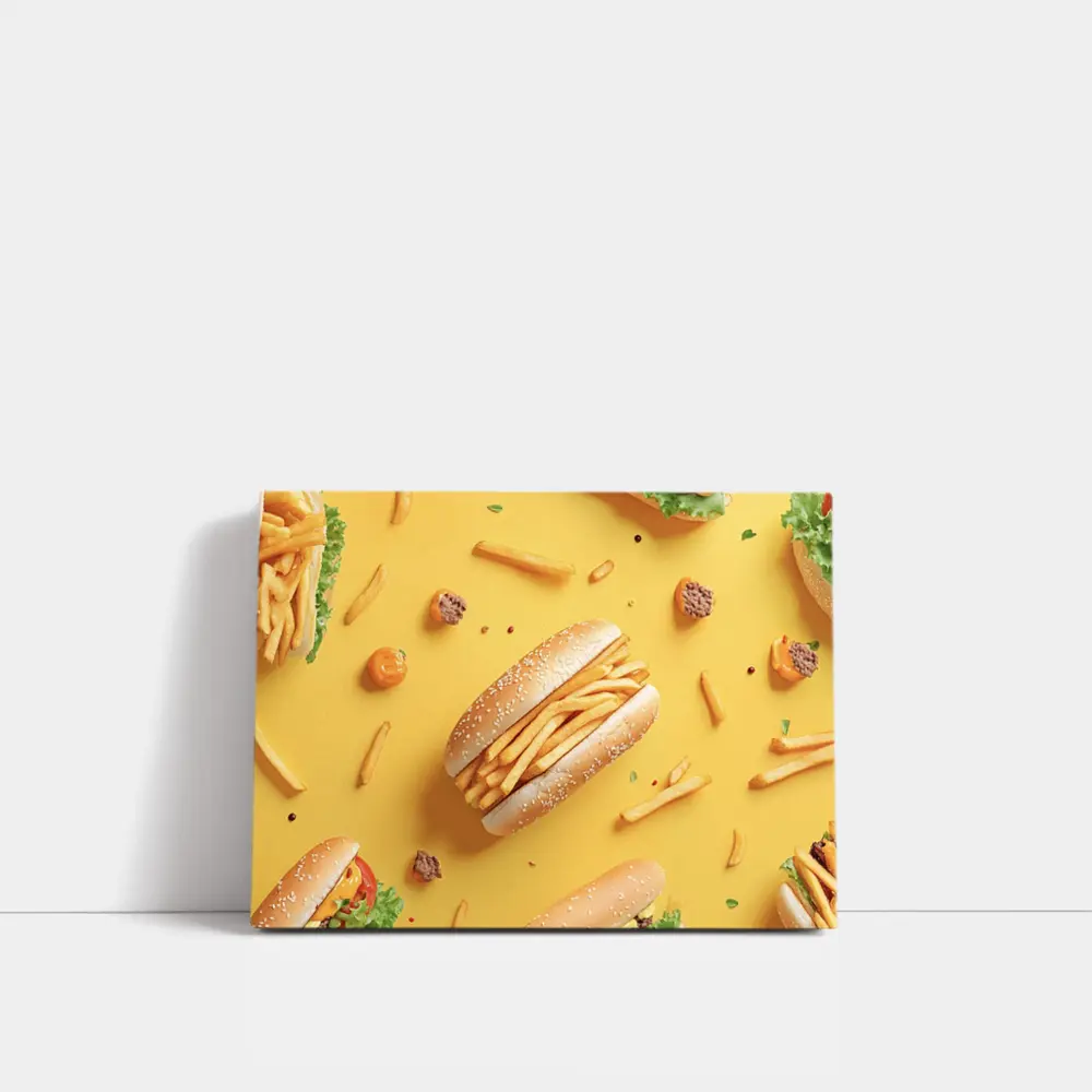 French Fries Burger Flat Lay Yellow Background – Wall Art