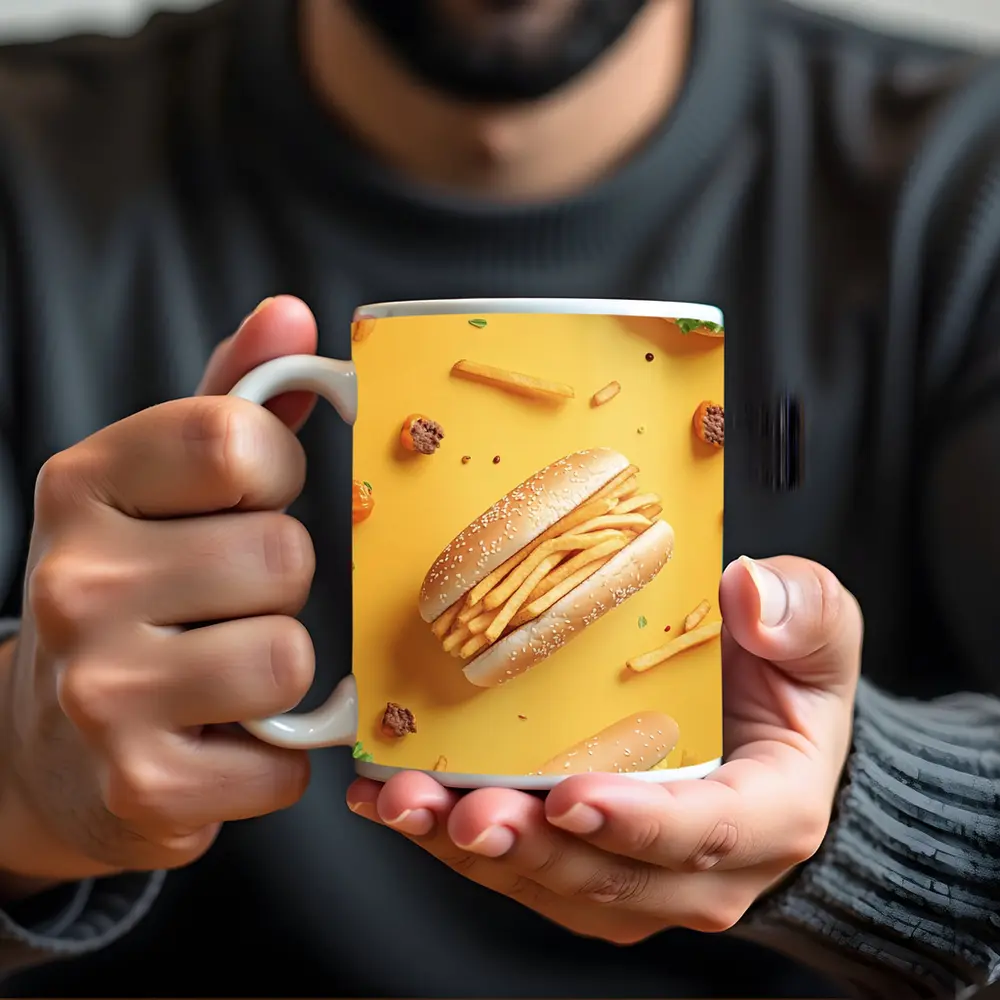 French Fries Burger Flat Lay Yellow Background – Mugs