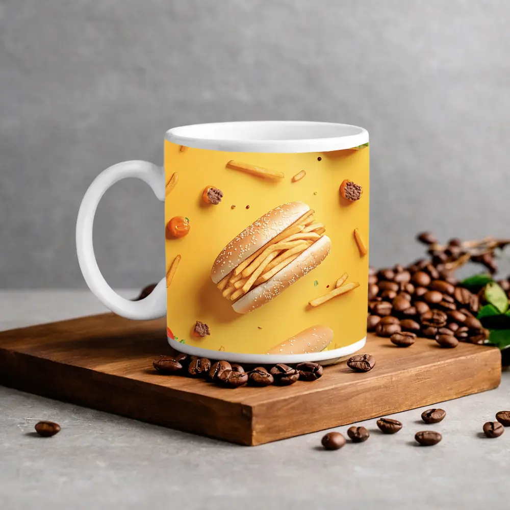 French Fries Burger Flat Lay Yellow Background – Mugs