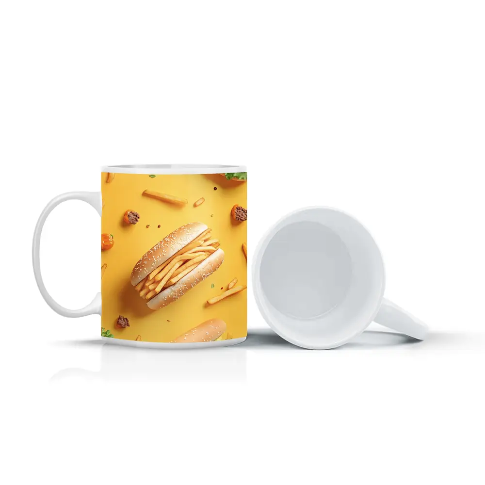 French Fries Burger Flat Lay Yellow Background – Mugs