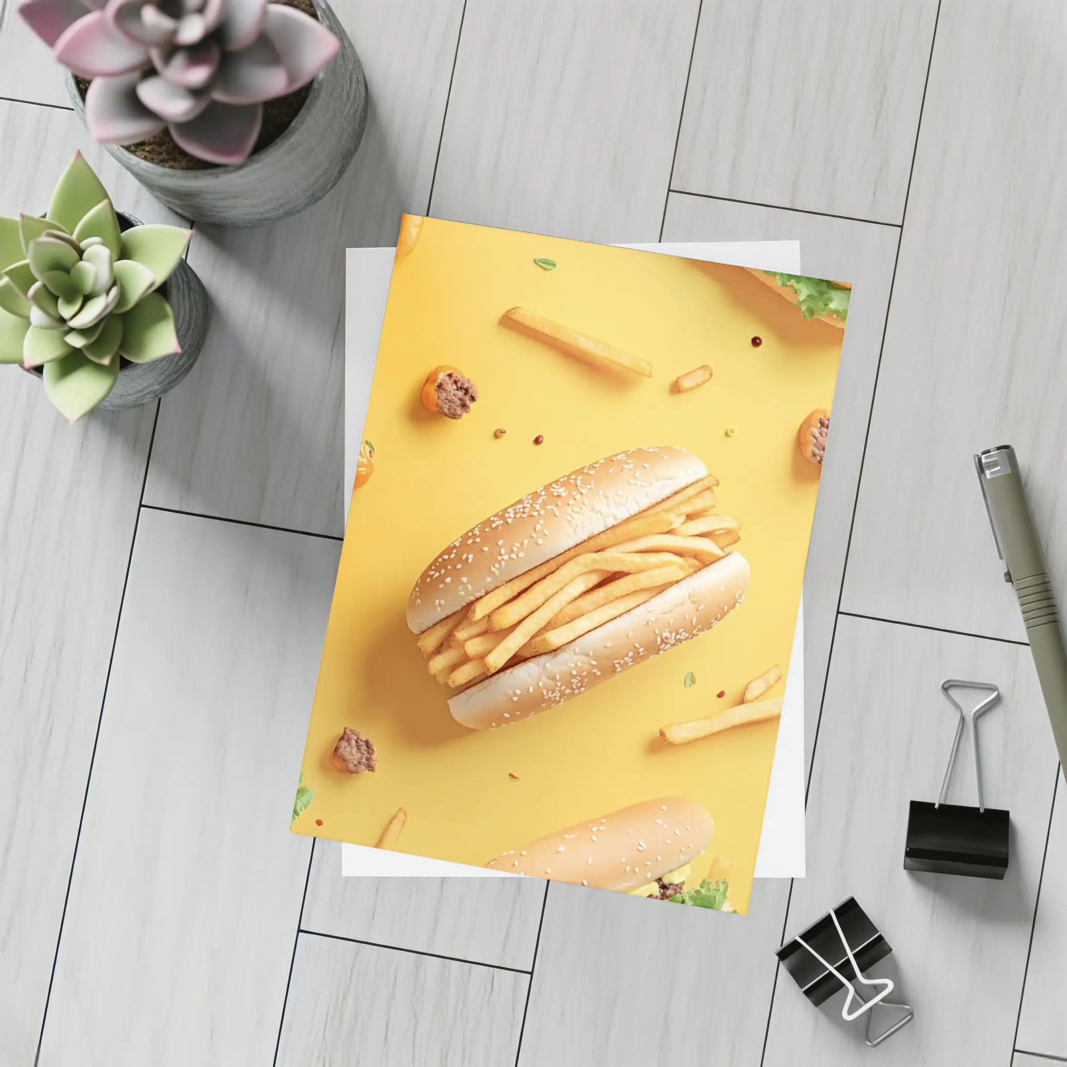 French Fries Burger Flat Lay Yellow Background – Postcards