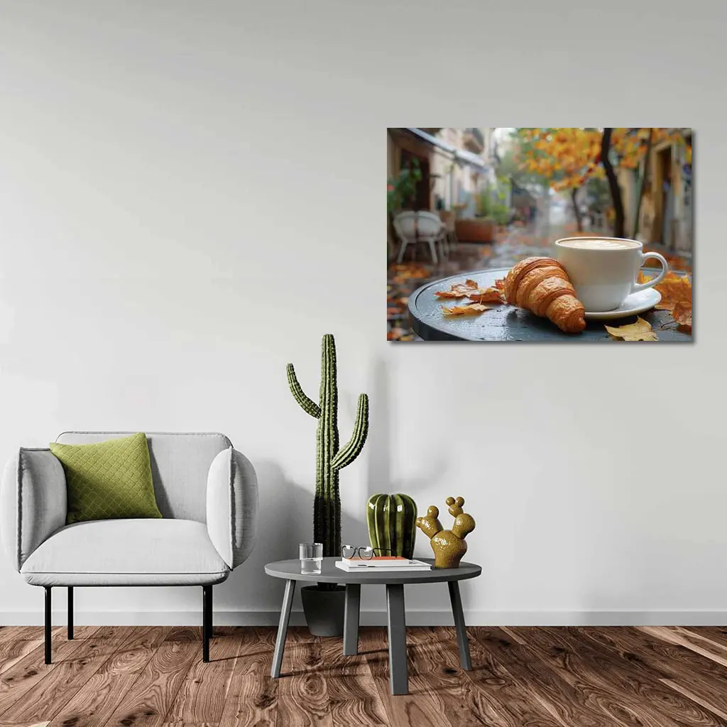 Croissant And Latte Rainy Autumn Street – Wall Art