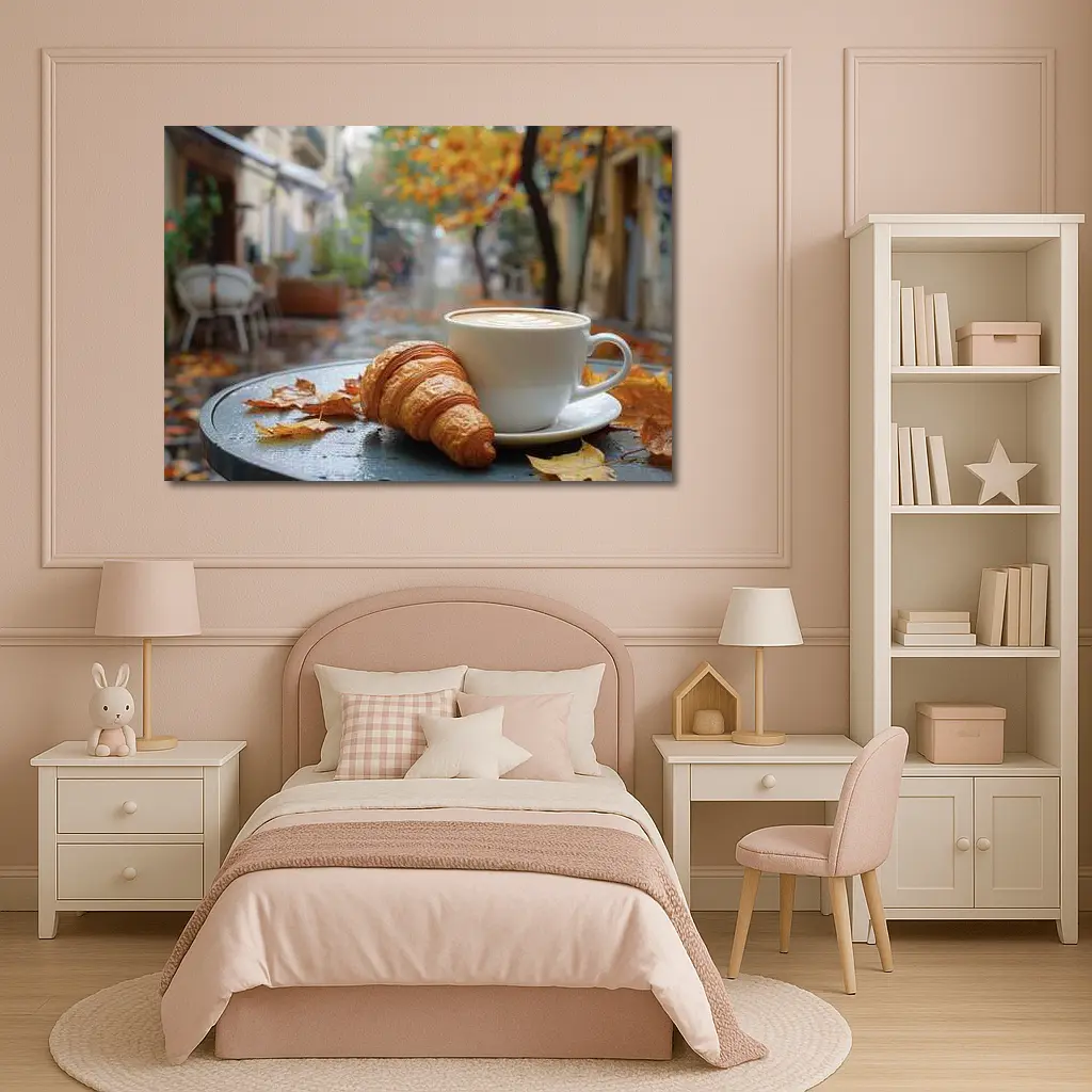 Croissant And Latte Rainy Autumn Street – Wall Art