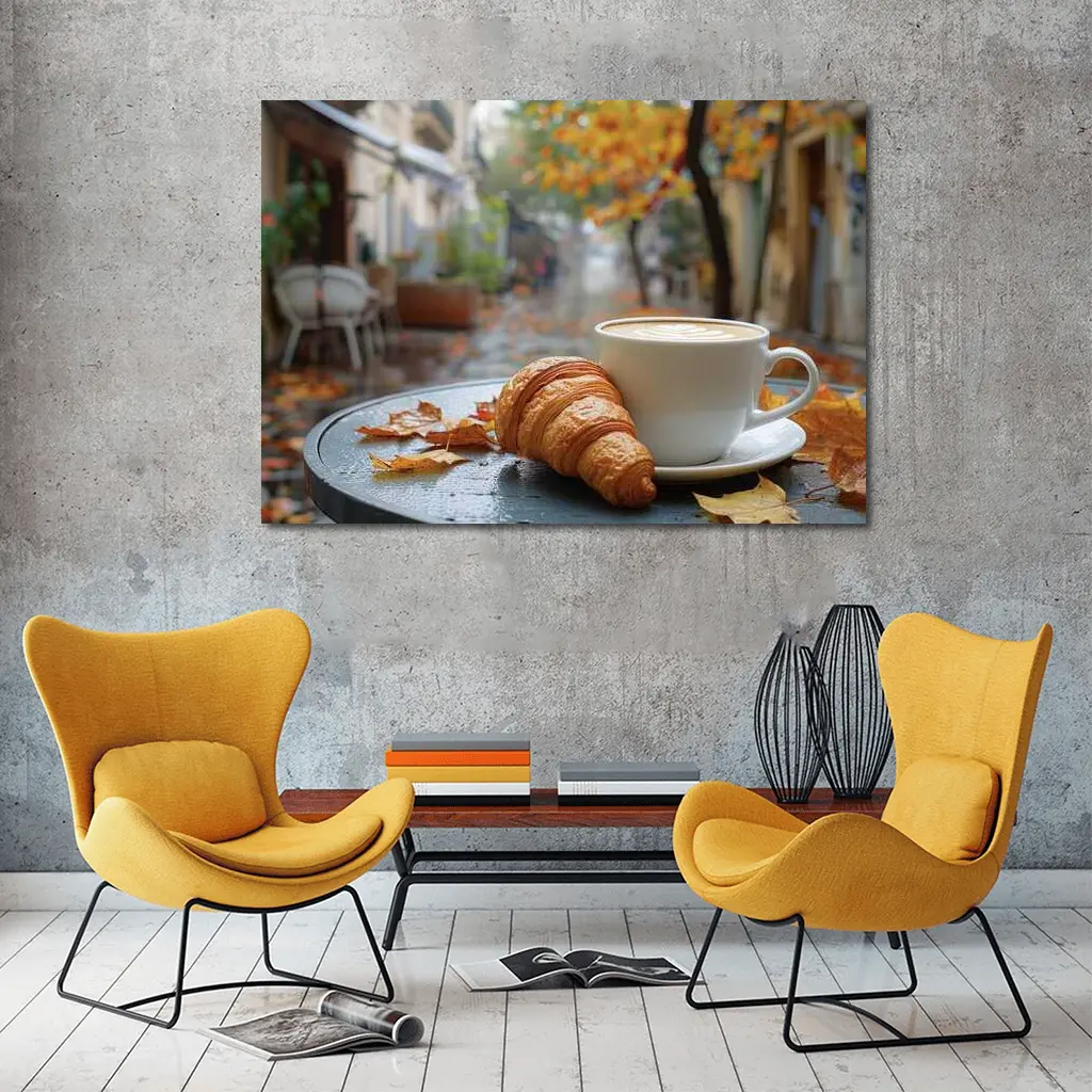 Croissant And Latte Rainy Autumn Street – Wall Art