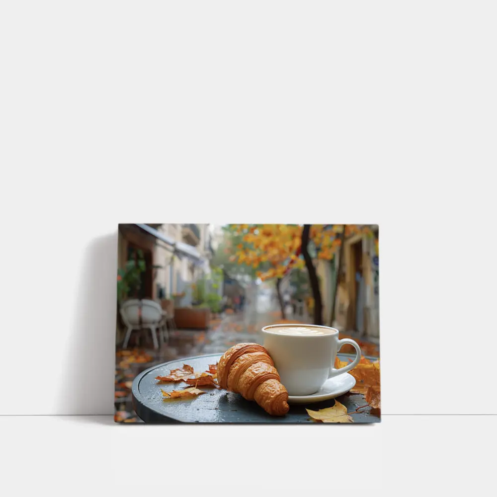 Croissant And Latte Rainy Autumn Street – Wall Art