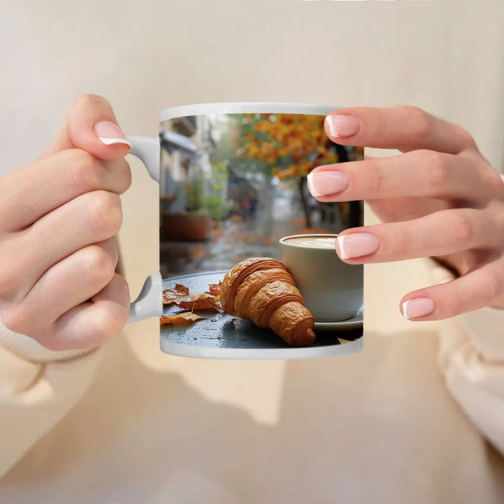 Croissant And Latte Rainy Autumn Street – Mugs