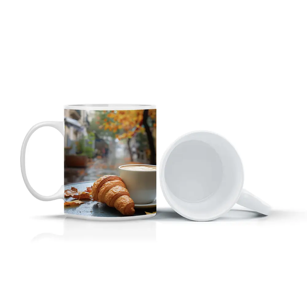 Croissant And Latte Rainy Autumn Street – Mugs