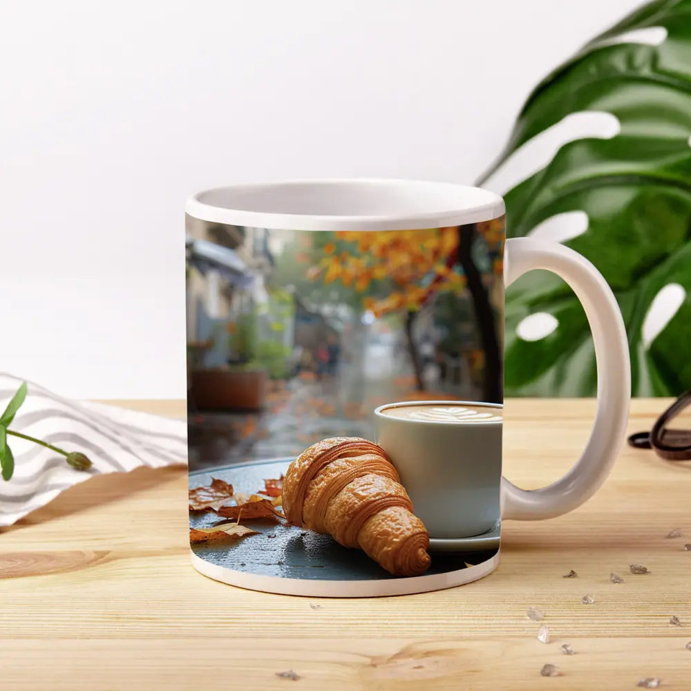 Croissant And Latte Rainy Autumn Street – Mugs