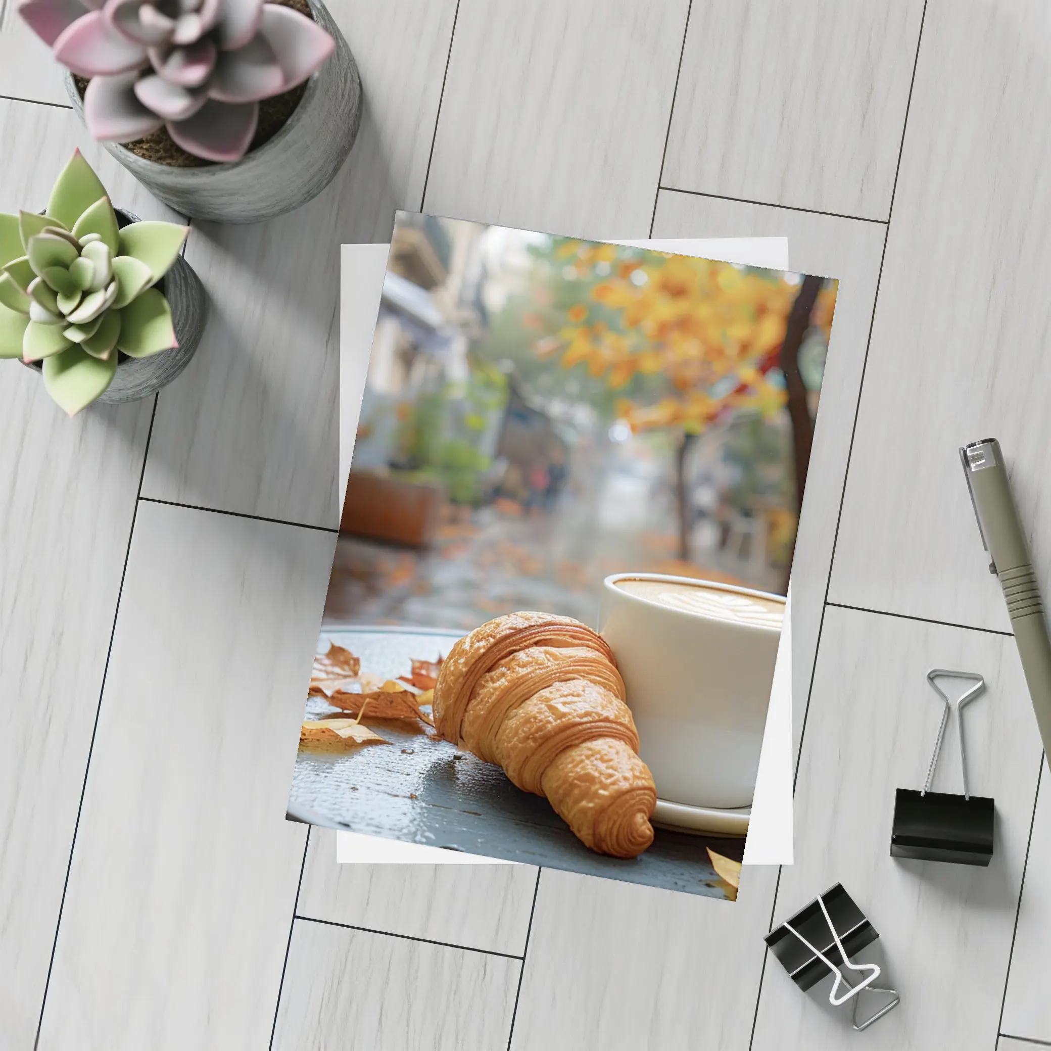 Croissant And Latte Rainy Autumn Street – Postcards