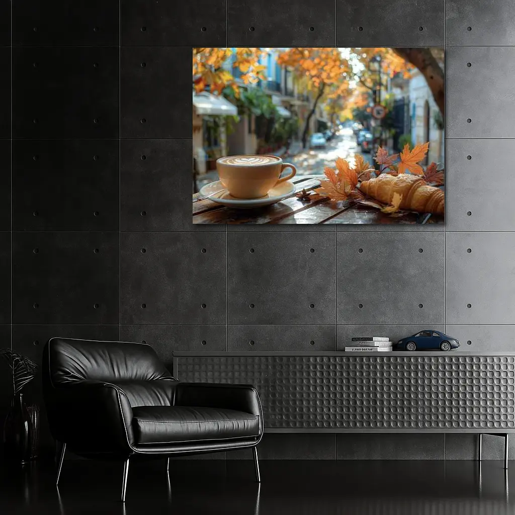 Latte Coffee Croissant Autumn Street Cafe – Wall Art