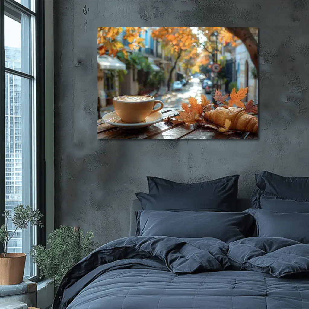 Latte Coffee Croissant Autumn Street Cafe – Wall Art