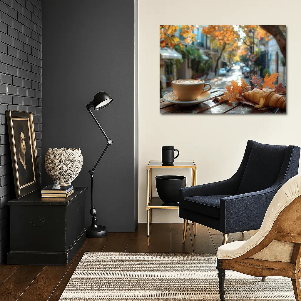 Latte Coffee Croissant Autumn Street Cafe – Wall Art