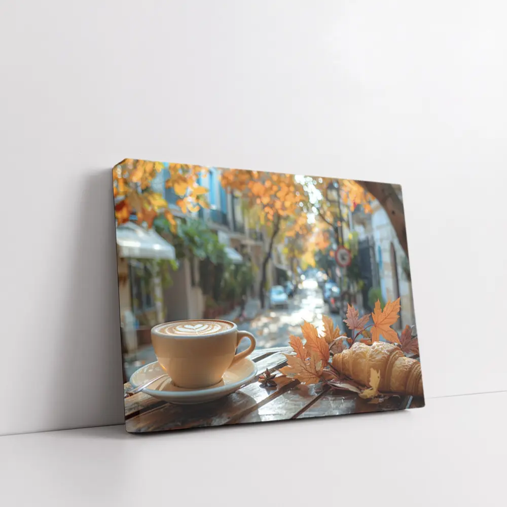 Latte Coffee Croissant Autumn Street Cafe – Wall Art