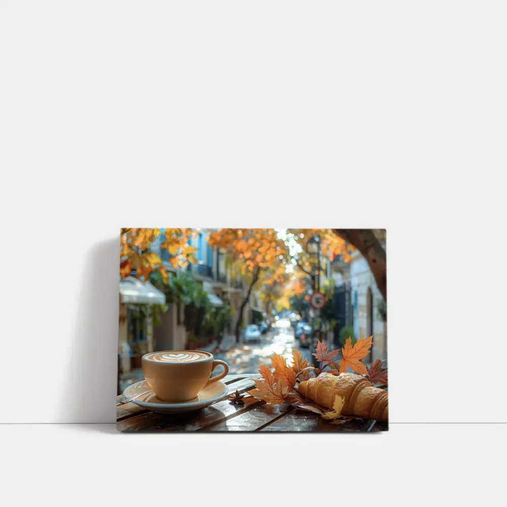 Latte Coffee Croissant Autumn Street Cafe – Wall Art