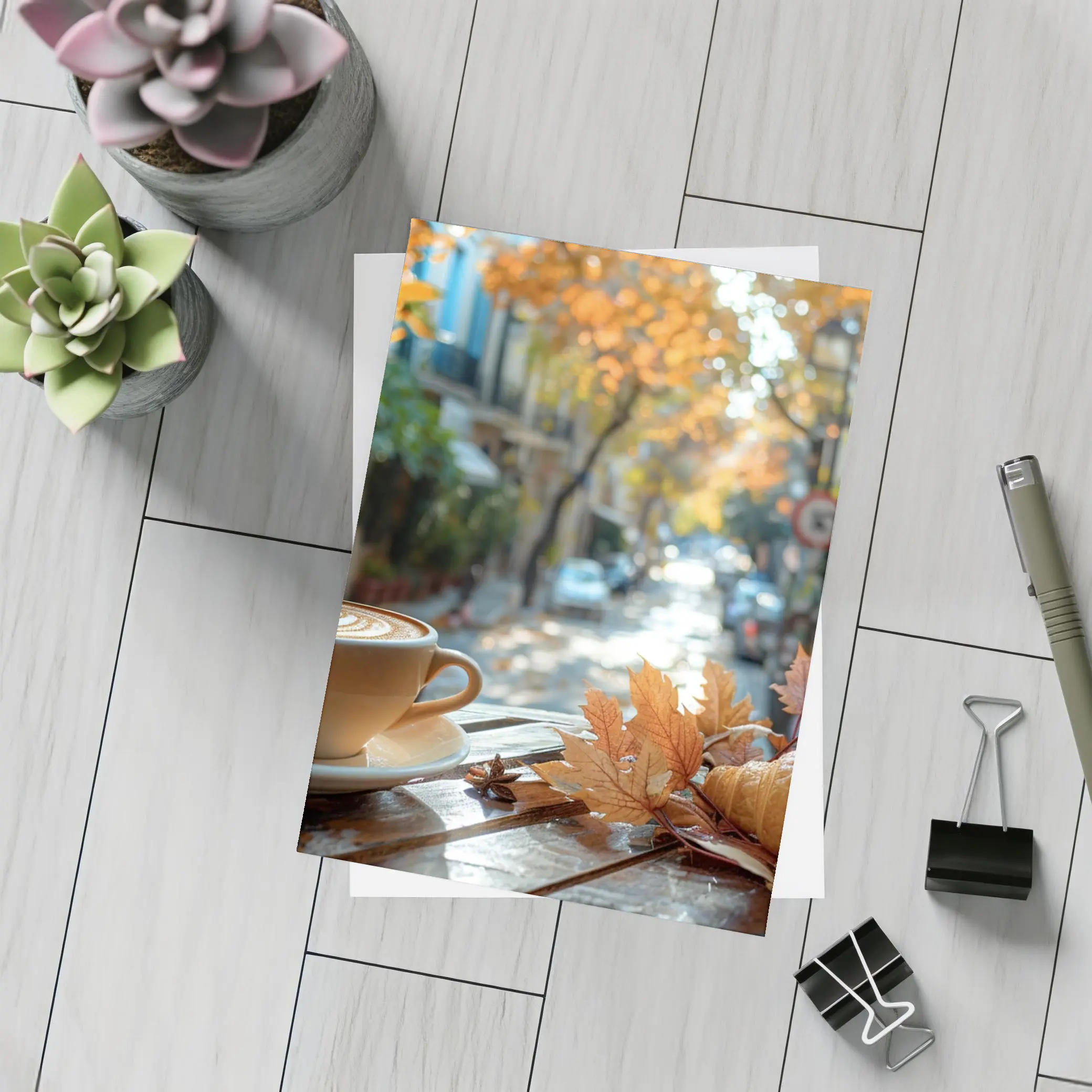 Latte Coffee Croissant Autumn Street Cafe – Postcards