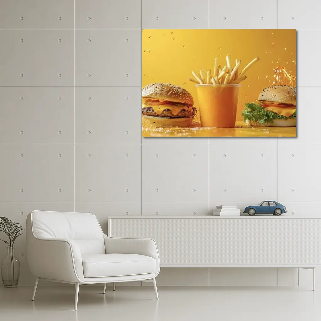 Cheeseburgers and Fries Yellow Background – Wall Art