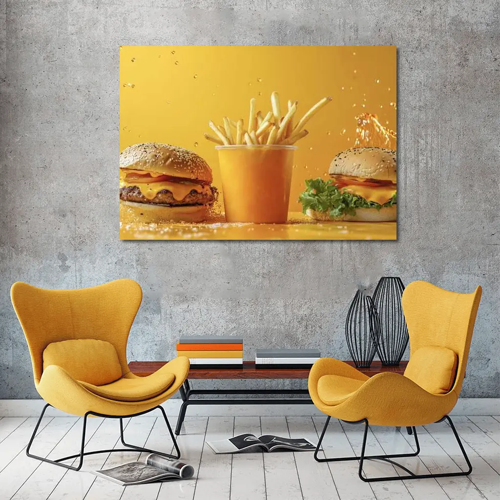 Cheeseburgers and Fries Yellow Background – Wall Art