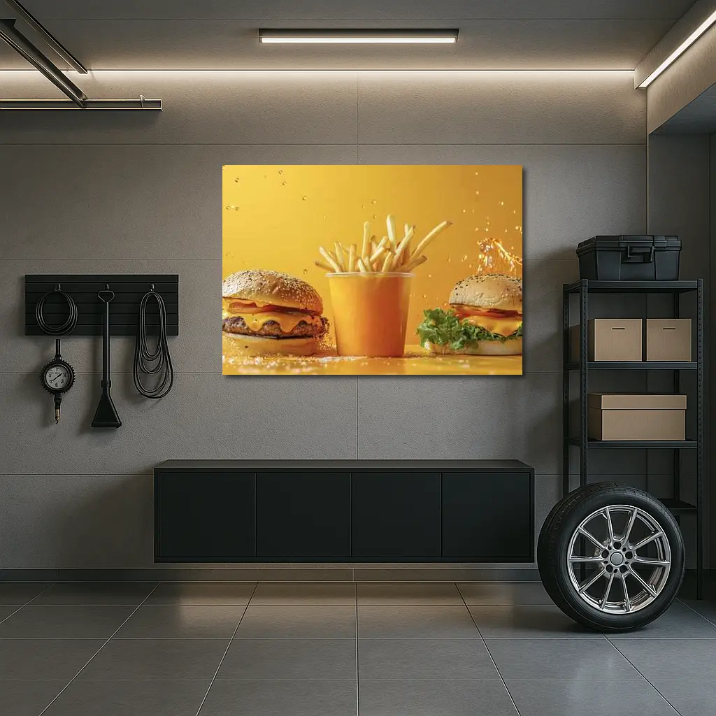 Cheeseburgers and Fries Yellow Background – Wall Art