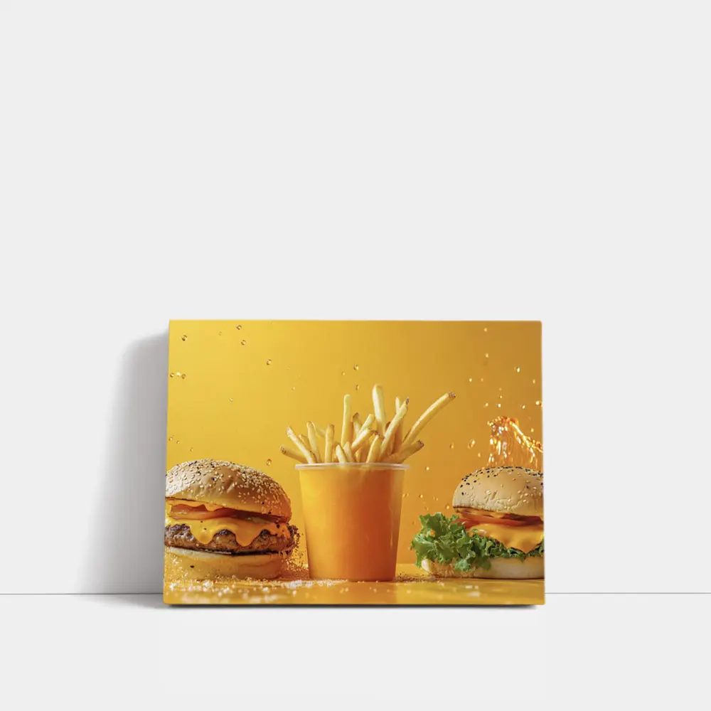 Cheeseburgers and Fries Yellow Background – Wall Art