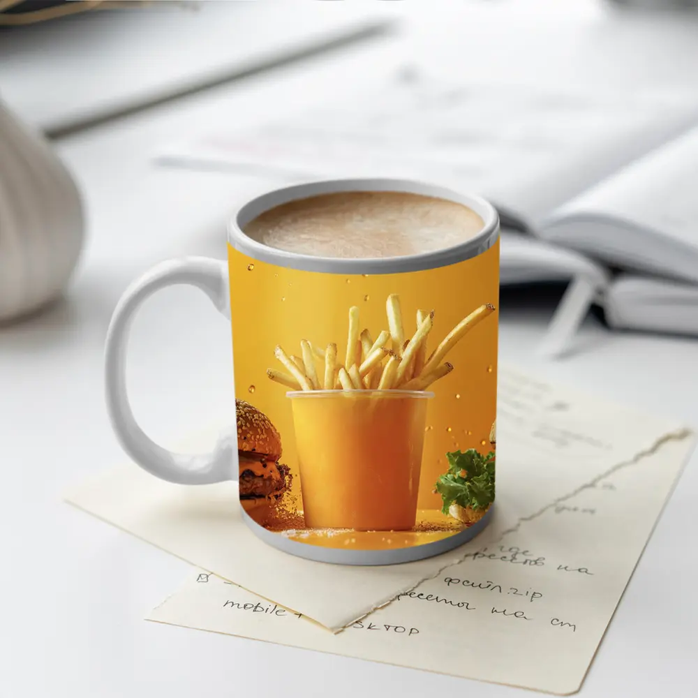 Cheeseburgers and Fries Yellow Background – Mugs