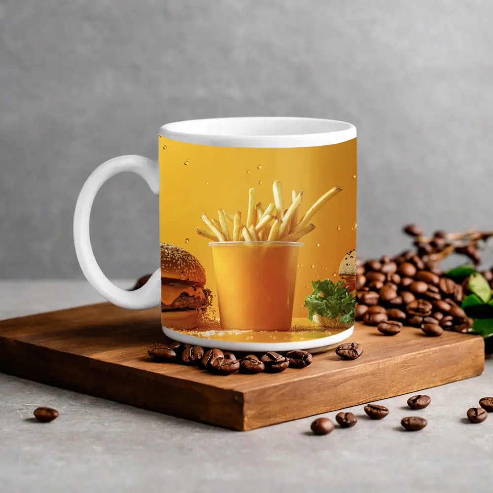 Cheeseburgers and Fries Yellow Background – Mugs