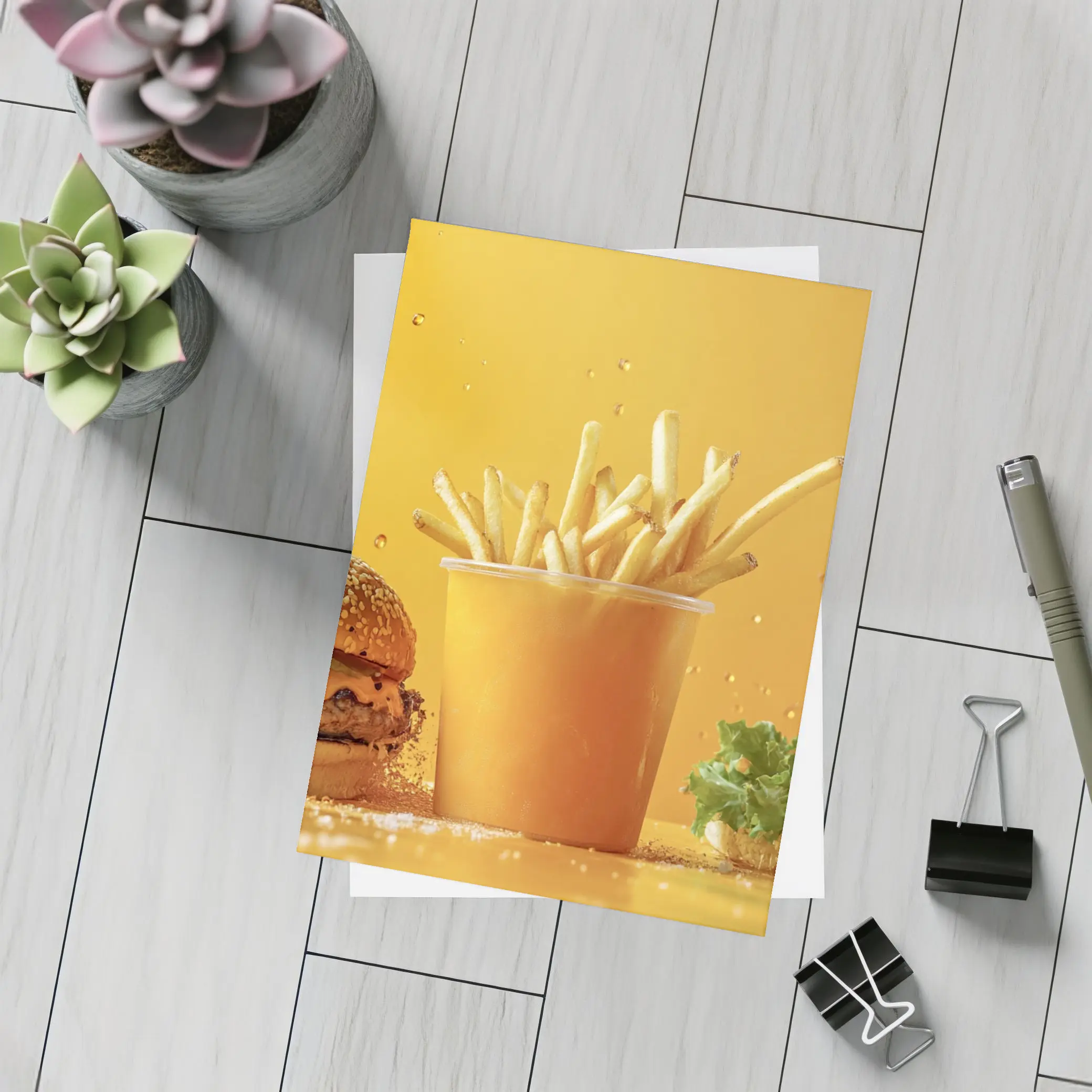 Cheeseburgers and Fries Yellow Background – Postcards