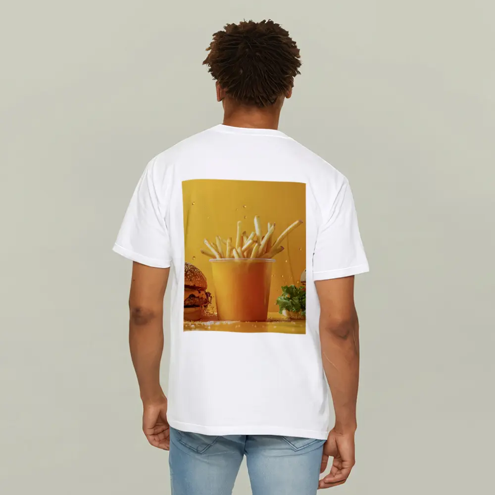Cheeseburgers and Fries Yellow Background – T-Shirts