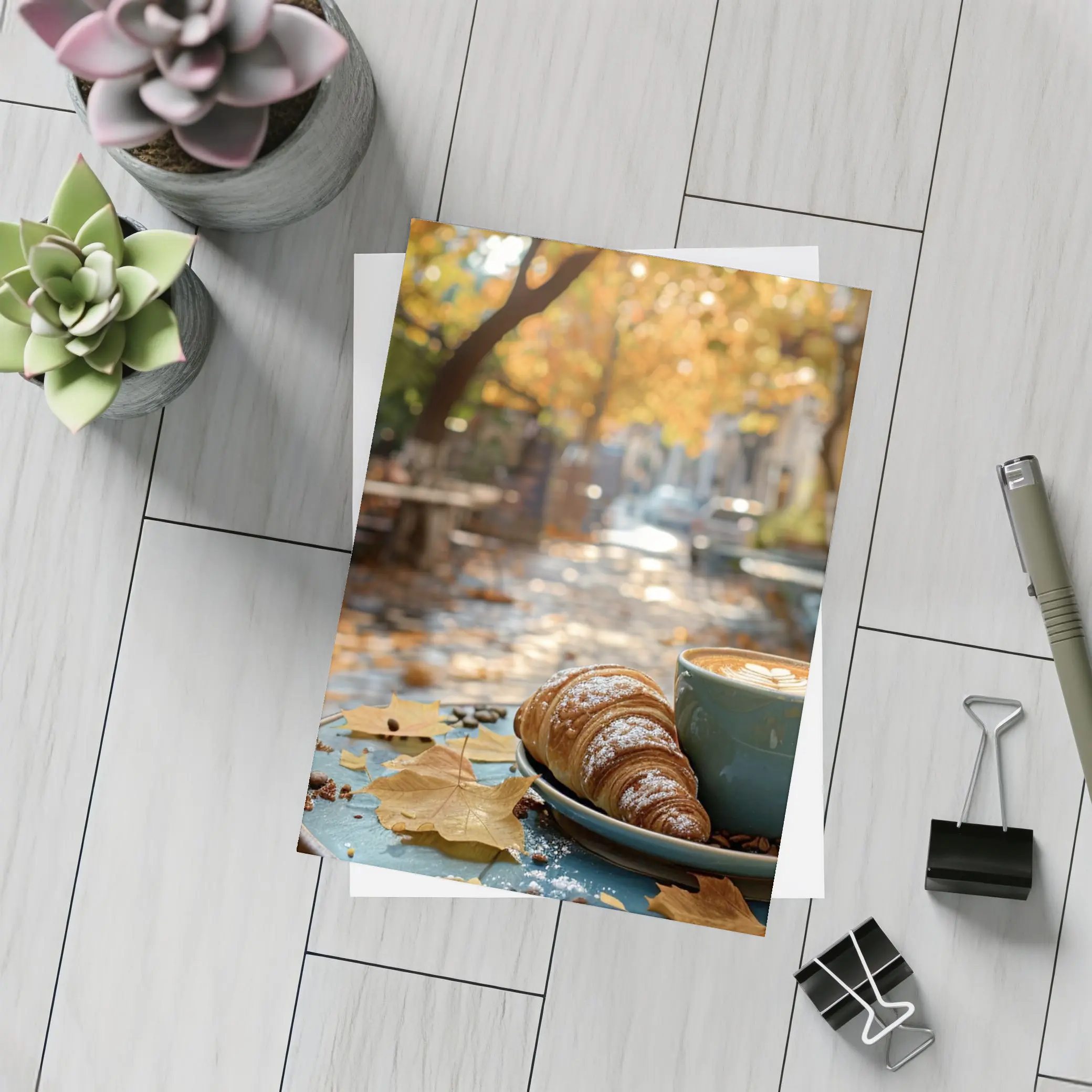 Latte Art Croissant Autumn Cafe Street – Postcards