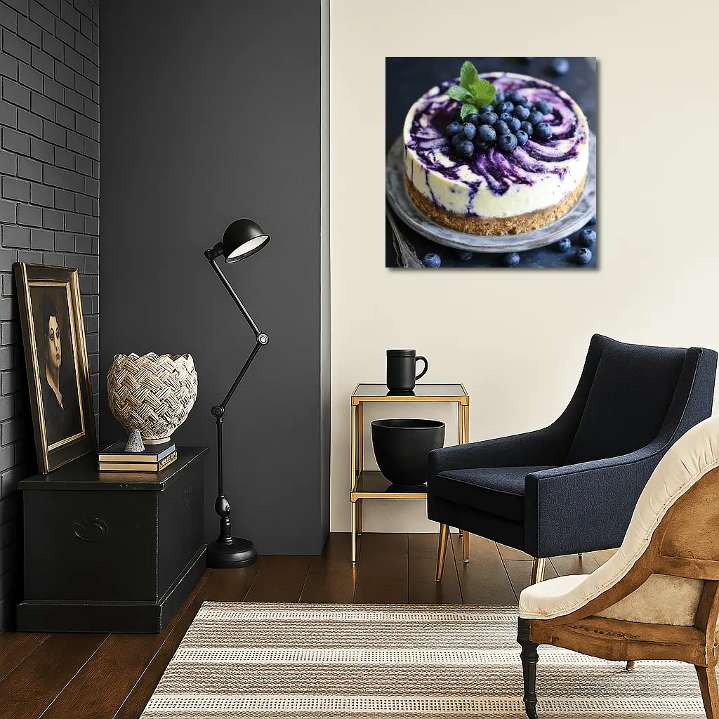 Blueberry Swirl Cheesecake on Dark Background – Wall Art