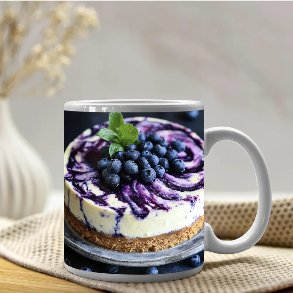 Blueberry Swirl Cheesecake on Dark Background – Mugs