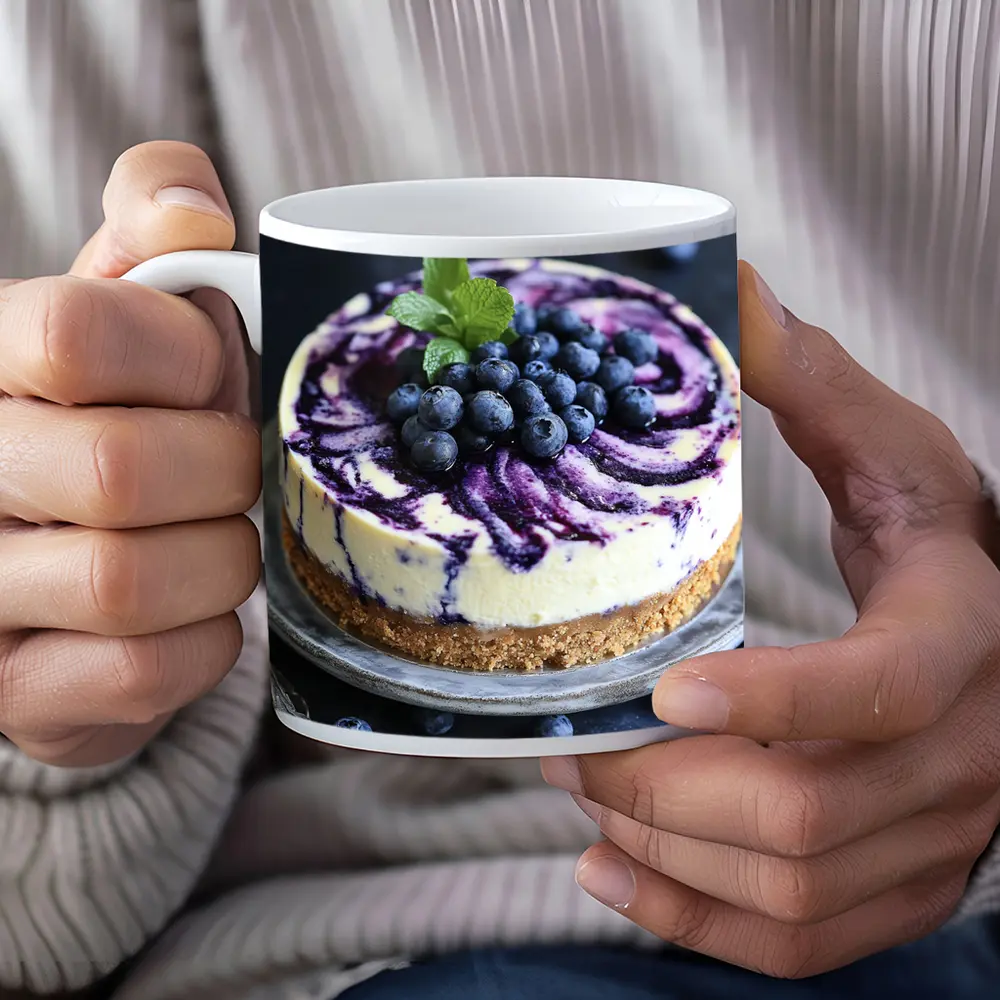 Blueberry Swirl Cheesecake on Dark Background – Mugs