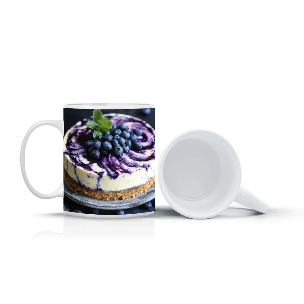 Blueberry Swirl Cheesecake on Dark Background – Mugs