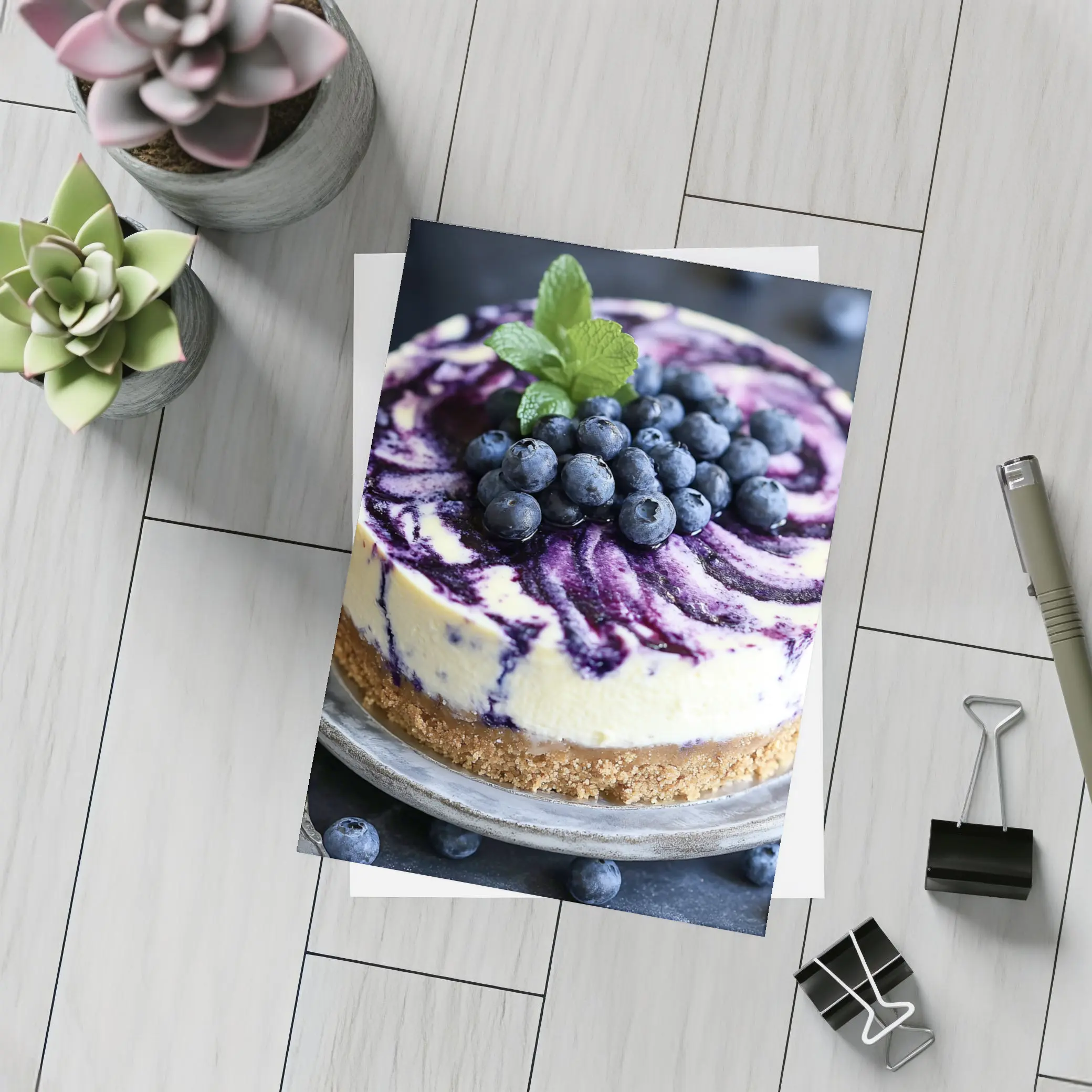 Blueberry Swirl Cheesecake on Dark Background – Postcards